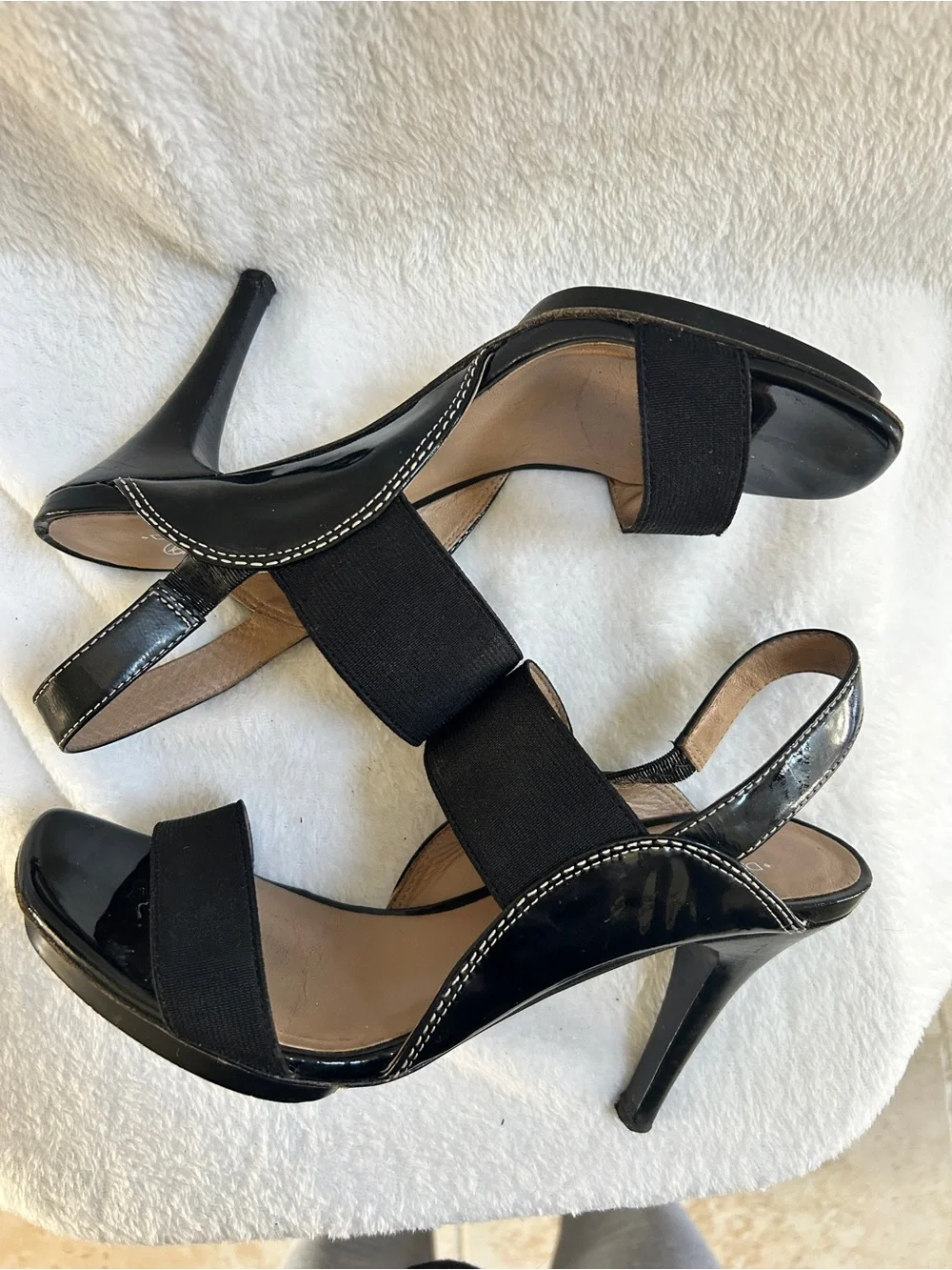 Donald J. Pliner Black Patent and Fabric Slingback Heels